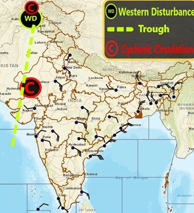 Cyclonic circulations and weather disturbances affecting Madhya at present